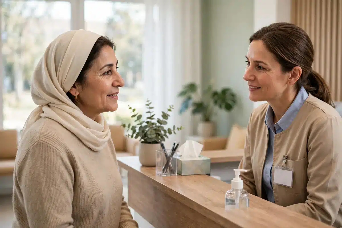 Photograph of a woman speaking with a staff member at a screening clinic reception desk