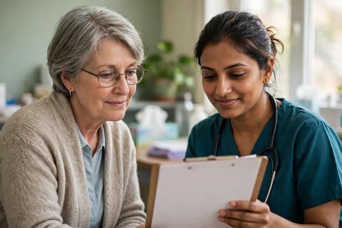 Photograph of a woman and a health worker reviewing a clipboard together at a clinic table