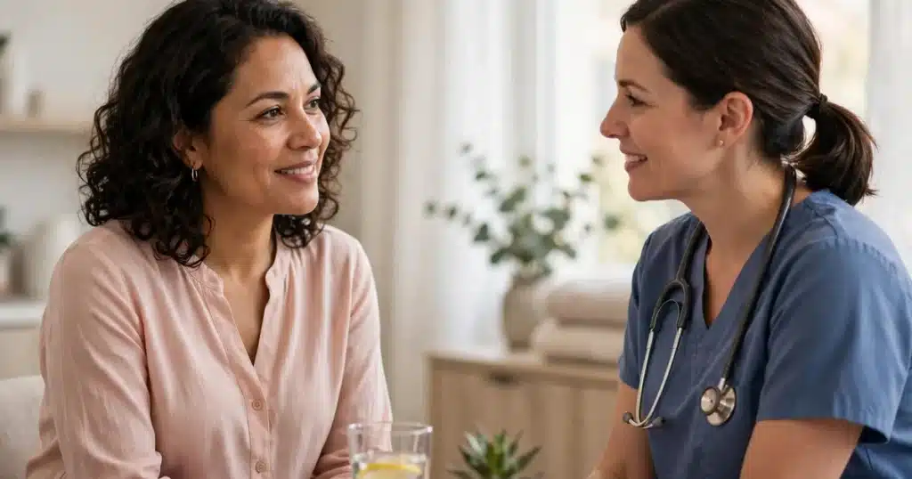 Photograph of a woman talking with a nurse coordinator at a small table in a women's health clinic