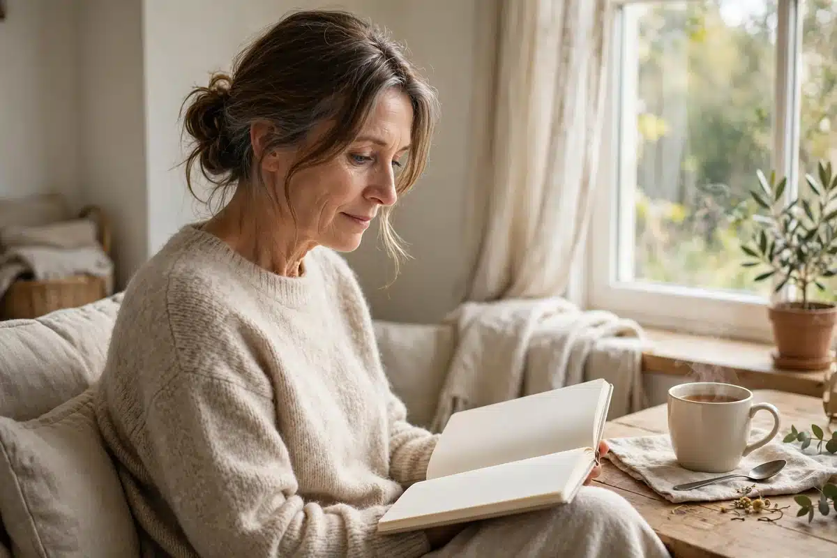 Photo of a woman in her 50s sitting by a bright window at home, reading a plain notebook with a calm, thoughtful expression
