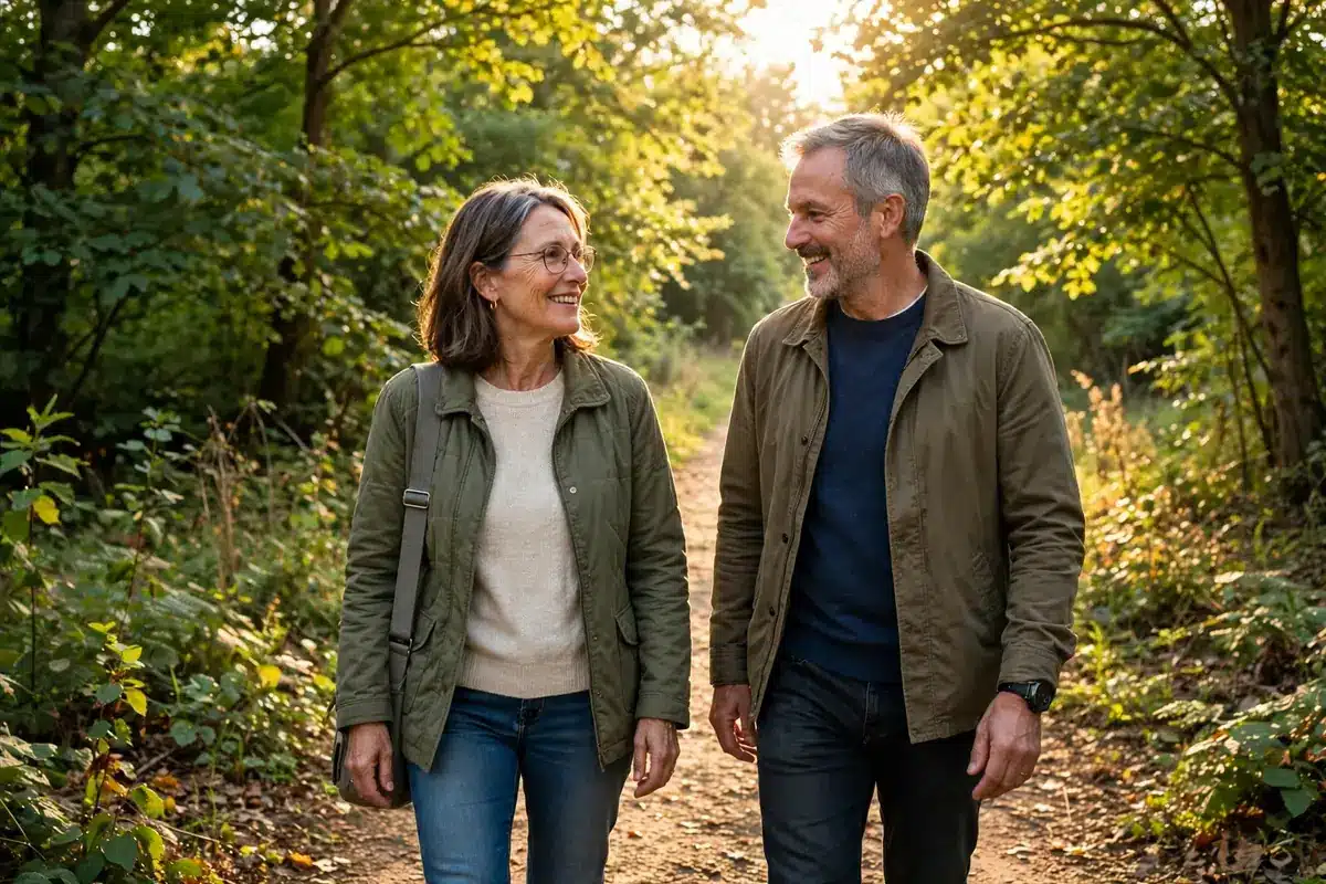 Photo of a woman in her 50s walking outdoors with her partner in warm sunlight, relaxed and talking together