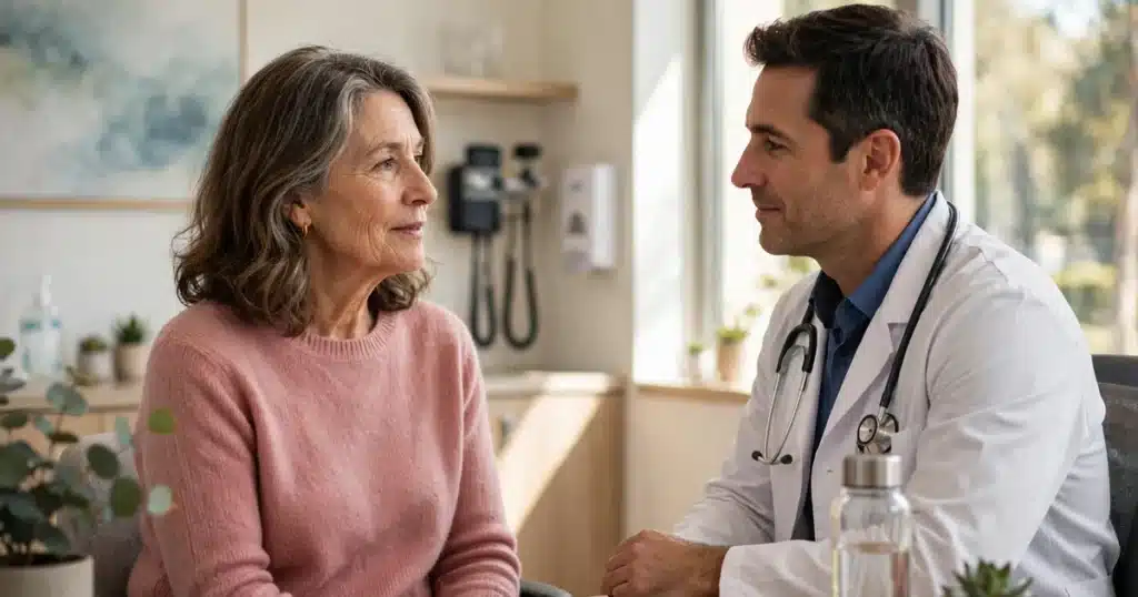 Photo of a woman in her 50s talking with her doctor in a bright clinic office about a rare breast cancer diagnosis