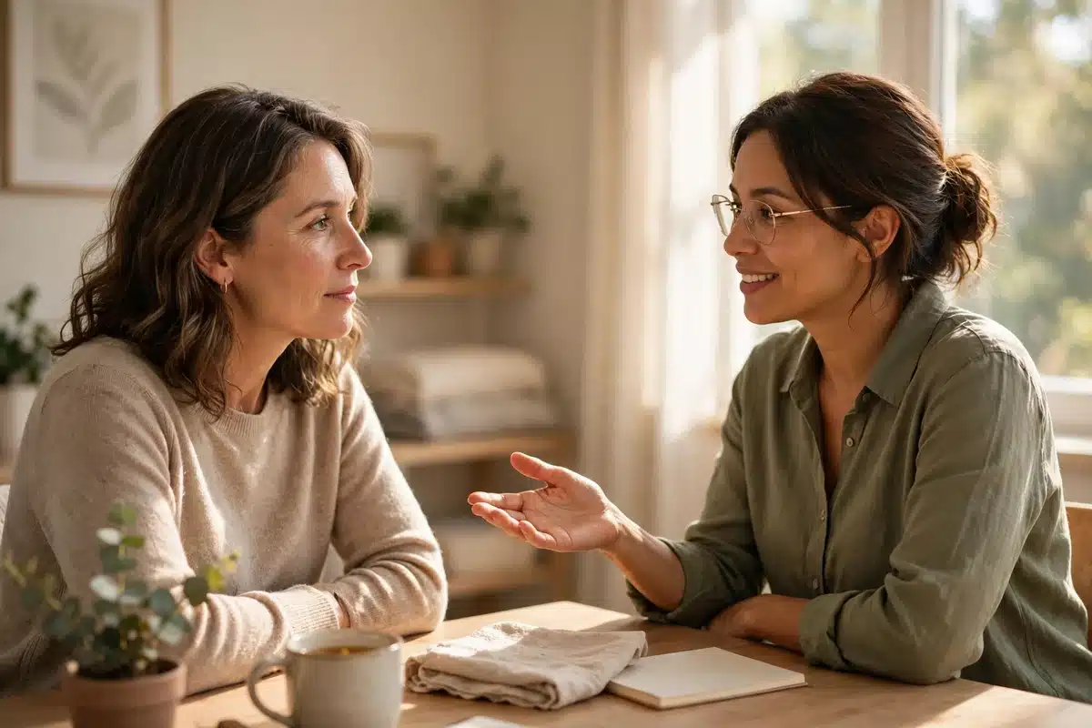 A woman patient listening as a female doctor speaks reassuringly to her