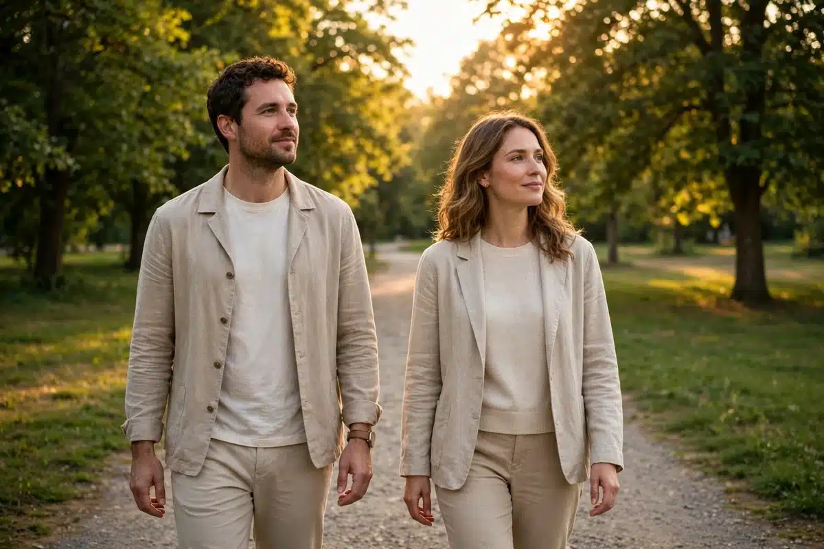 A couple walking together along a sunlit park path in warm natural light