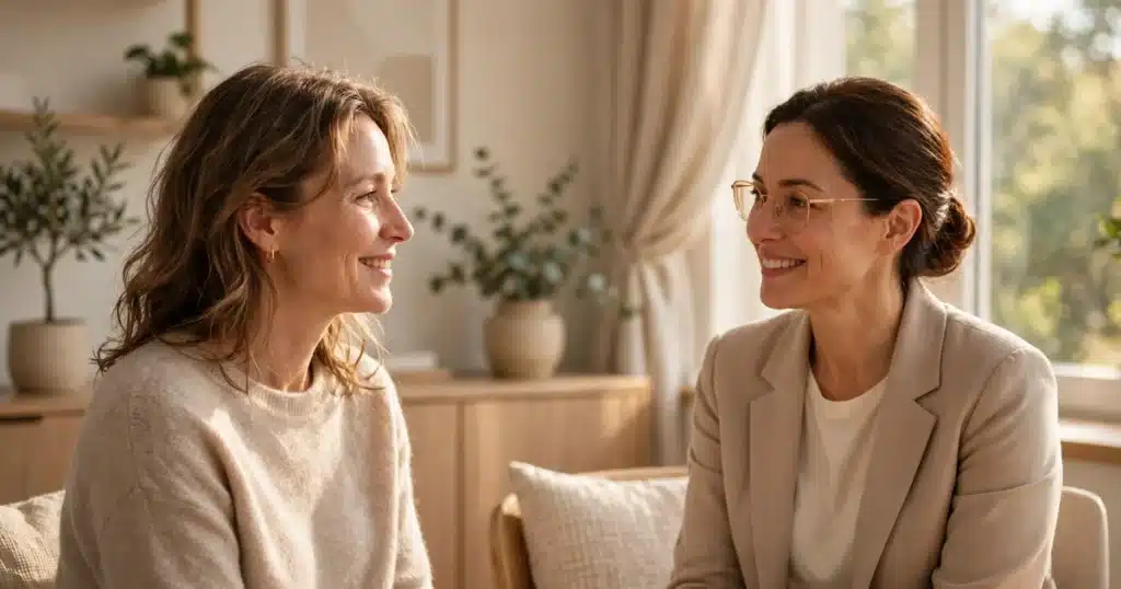 A female patient talking warmly with a female doctor in a bright, sunlit clinic room