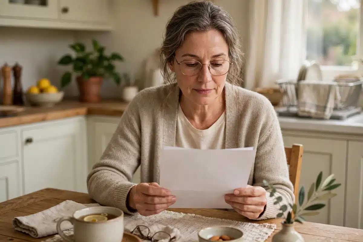 Photo of a woman in her 50s at home reading her screening results letter at the kitchen table, calm and thoughtful, soft daylight