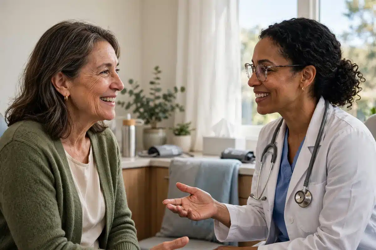 Photo of a woman in her 50s talking with her doctor in a bright clinic office about her mammogram follow-up, reassured and engaged, natural window light