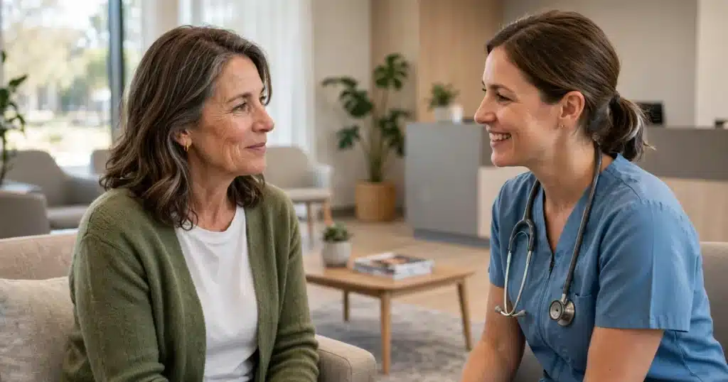 Photo of a woman in her 50s sitting calmly with a radiographer in the bright reception area of a breast imaging centre before her mammogram, natural light