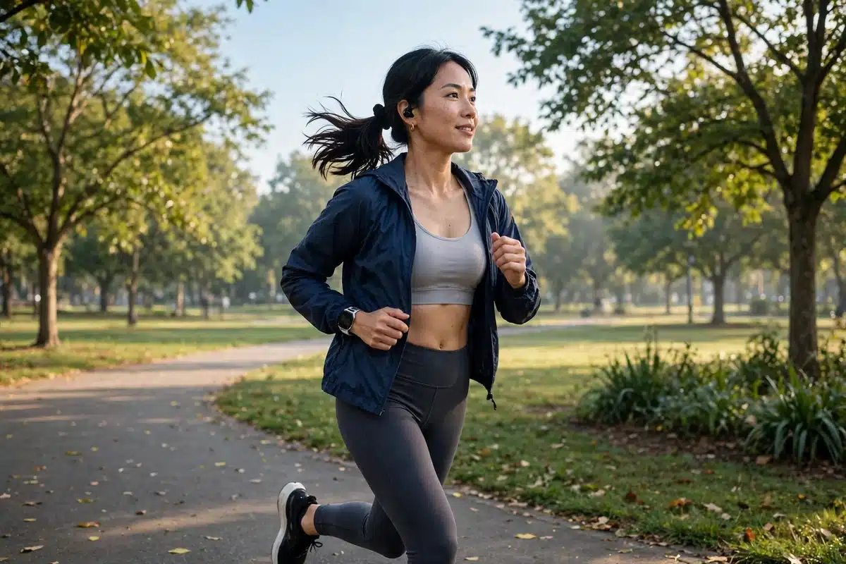 Photo of a young woman in her 30s jogging in a park on a clear morning, healthy, soft daylight