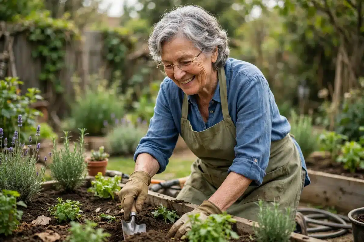 Photo of an older woman in her 70s gardening and smiling in soft daylight, peaceful