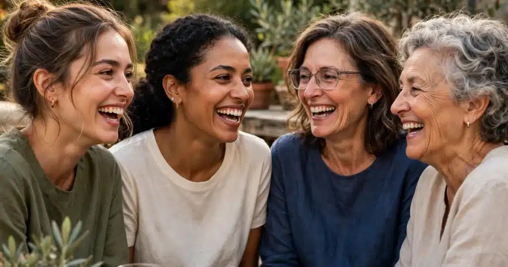 Photo of a group of women of different ages laughing together outdoors in warm daylight, plain clothing with no words or symbols
