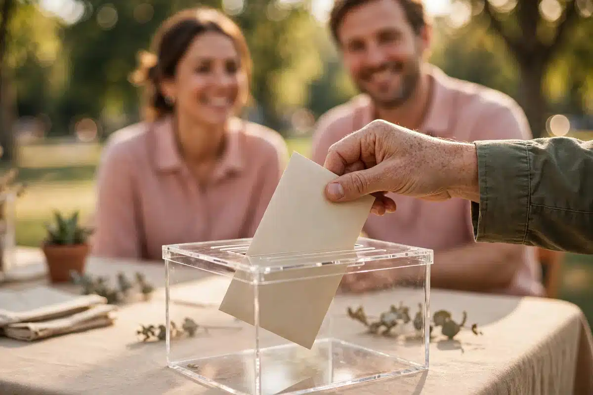 Photo of hands placing a plain envelope into a donation box on a community event table, with smiling volunteers in soft pink shirts behind