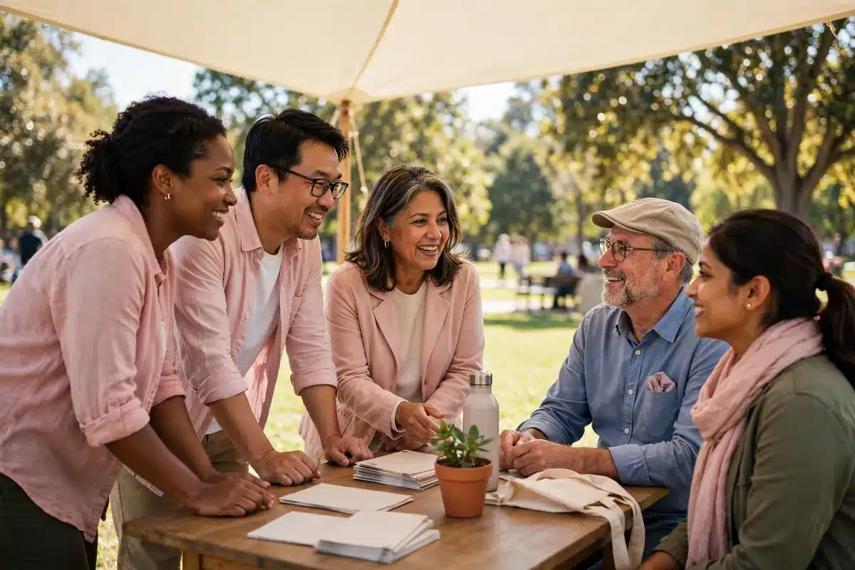 Photo of friendly volunteers talking with visitors at a community event table under a plain canopy in a sunny park