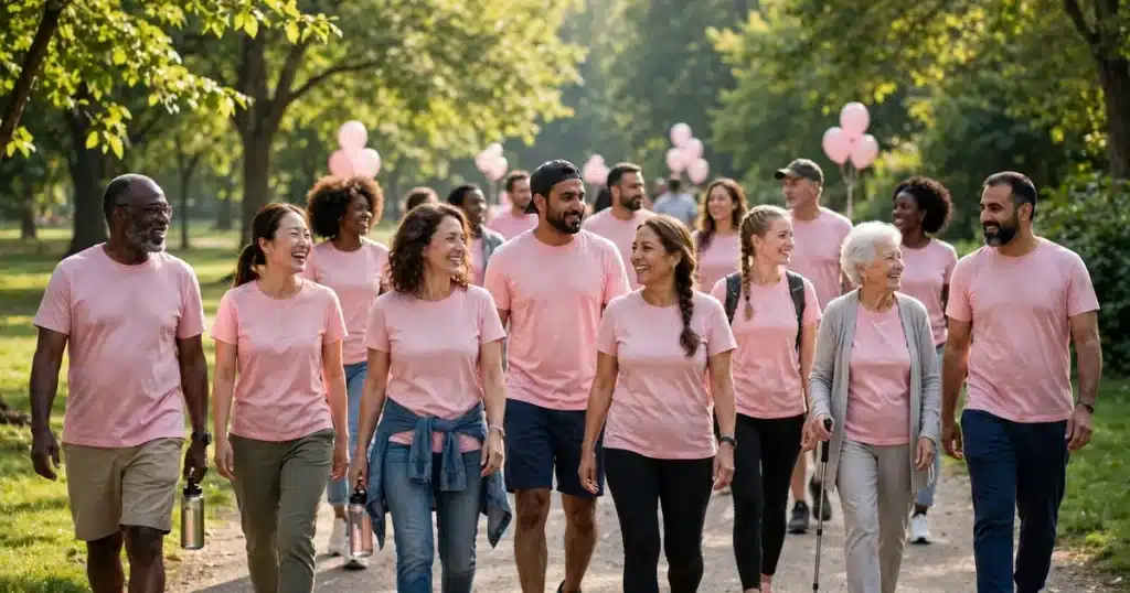 Photo of a diverse group of people in plain soft pink t-shirts walking together on a tree-lined park path during a community charity walk, pink balloons behind them