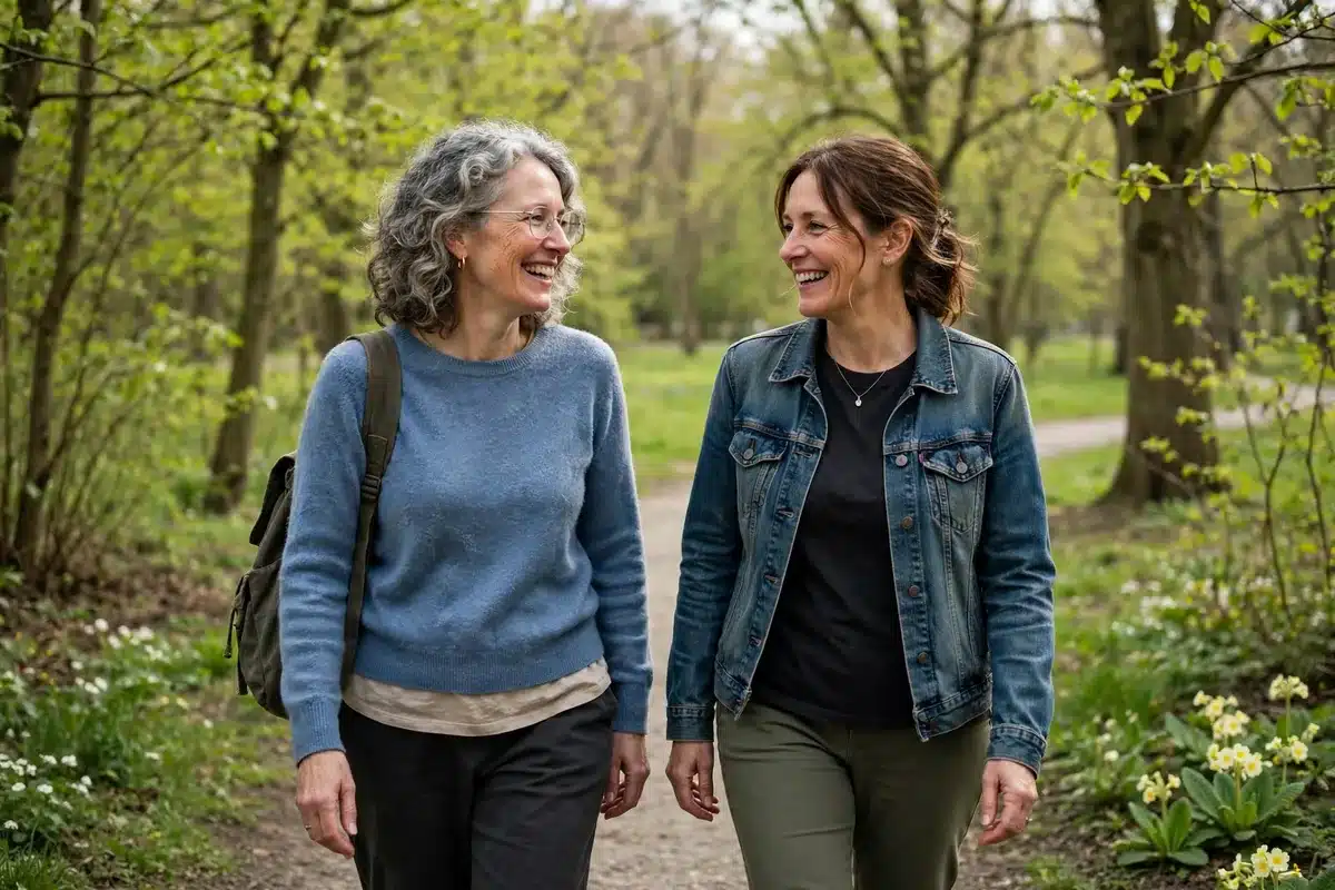 Photo of two women friends walking together in a park in soft spring light, talking warmly during an awareness walk