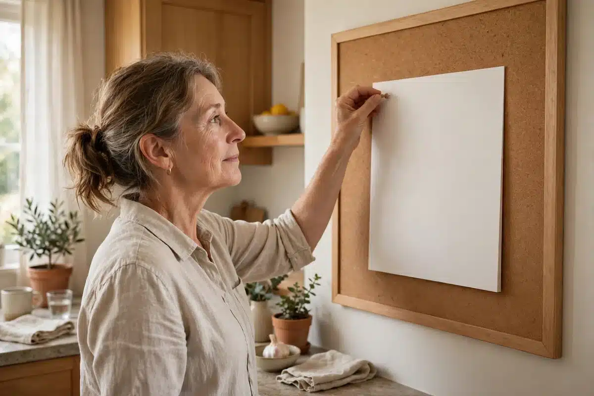 Photo of a woman pinning a blank calendar page to a kitchen noticeboard at home, planning her year ahead in soft daylight