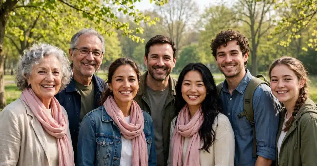 Photo of a group of women and men of different ages standing together outdoors at a community awareness gathering in spring, a few wearing soft pink scarves, smiling in bright daylight