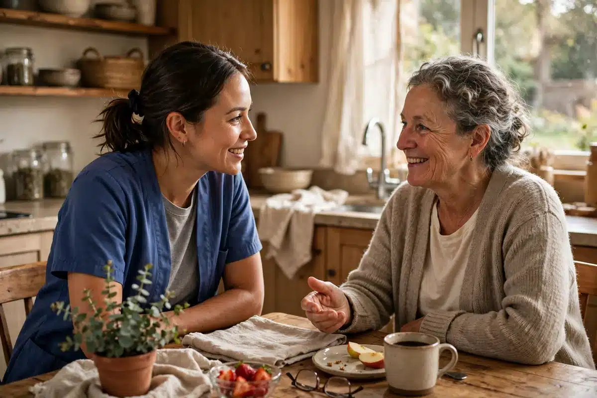 Photo of two women, a community health worker and a local resident, talking together at a kitchen table at home in warm natural light
