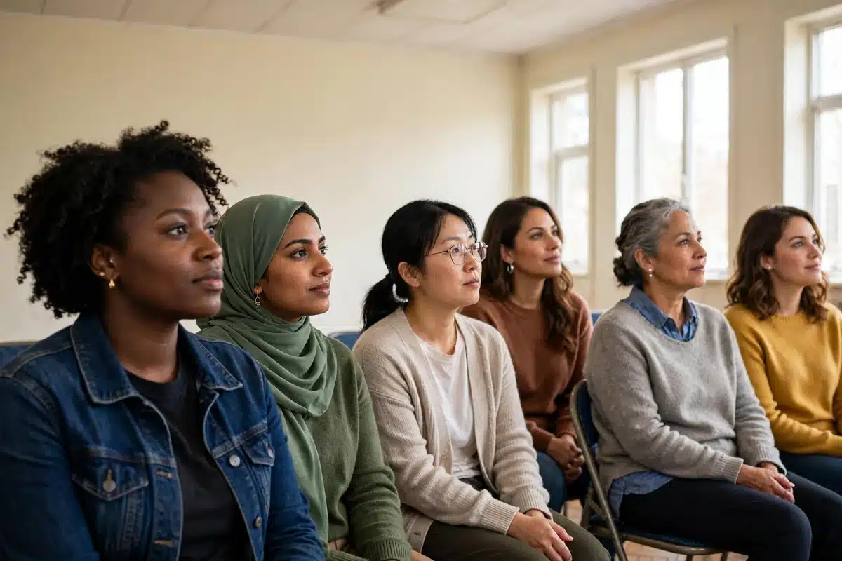 Photo of a diverse group of women listening together at a community hall information session, seated in rows in bright natural light