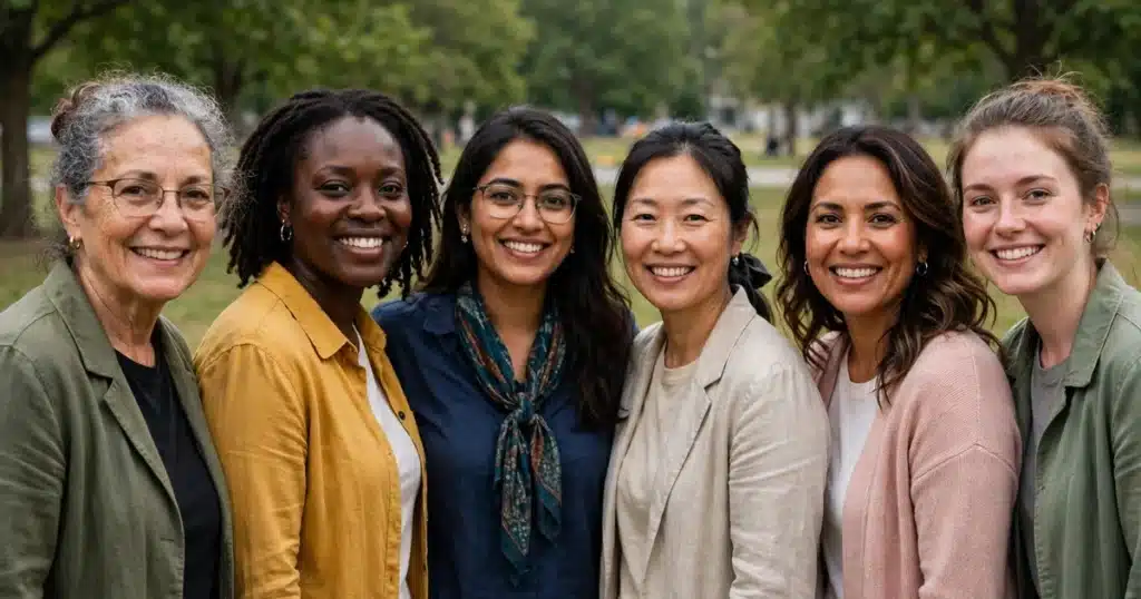 Photo of a diverse group of women of different backgrounds standing together outdoors at a community awareness gathering, smiling warmly in soft daylight