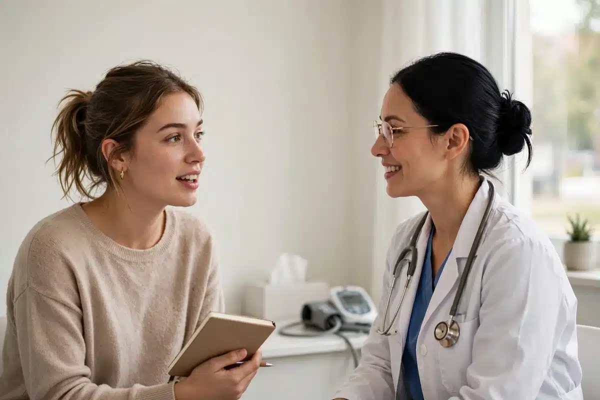Photo of a young woman in her late 20s talking with her doctor in a bright clinic room, asking questions with a small notebook in her hand