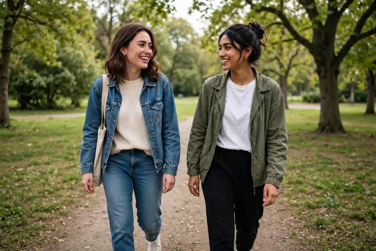 Photo of two young women friends walking together in a park in soft daylight, talking warmly as they walk