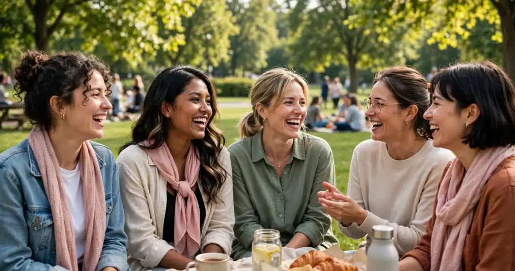 Photo of a group of young women friends talking and laughing together at an outdoor community gathering on a bright morning, a few wearing soft pink scarves