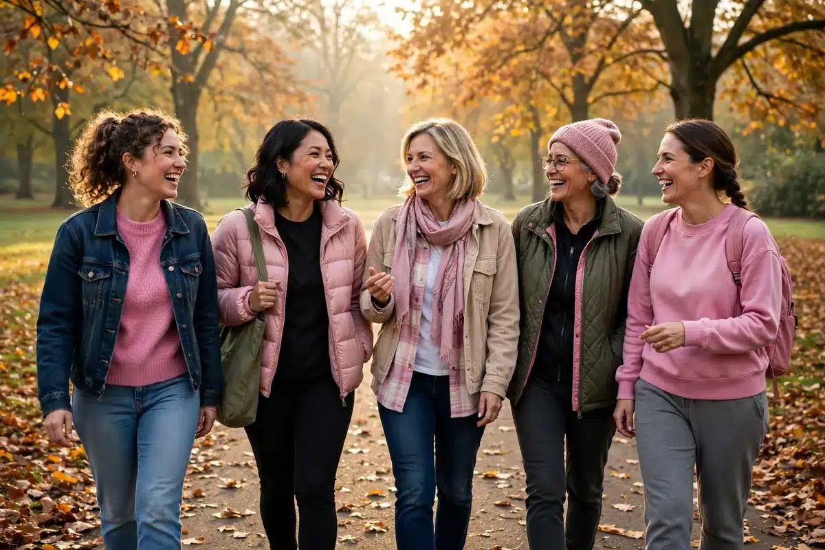 Photo of a group of women friends walking together in a park on a bright autumn morning, smiling and talking