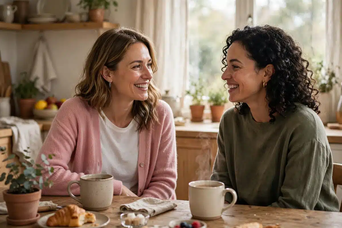 Photo of two women friends talking over coffee at a kitchen table at home, one wearing a soft pink cardigan
