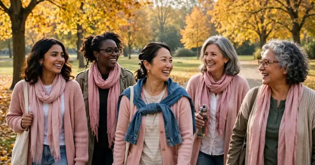 Photo of a group of women friends walking together in a park on a bright autumn morning, wearing soft pink scarves
