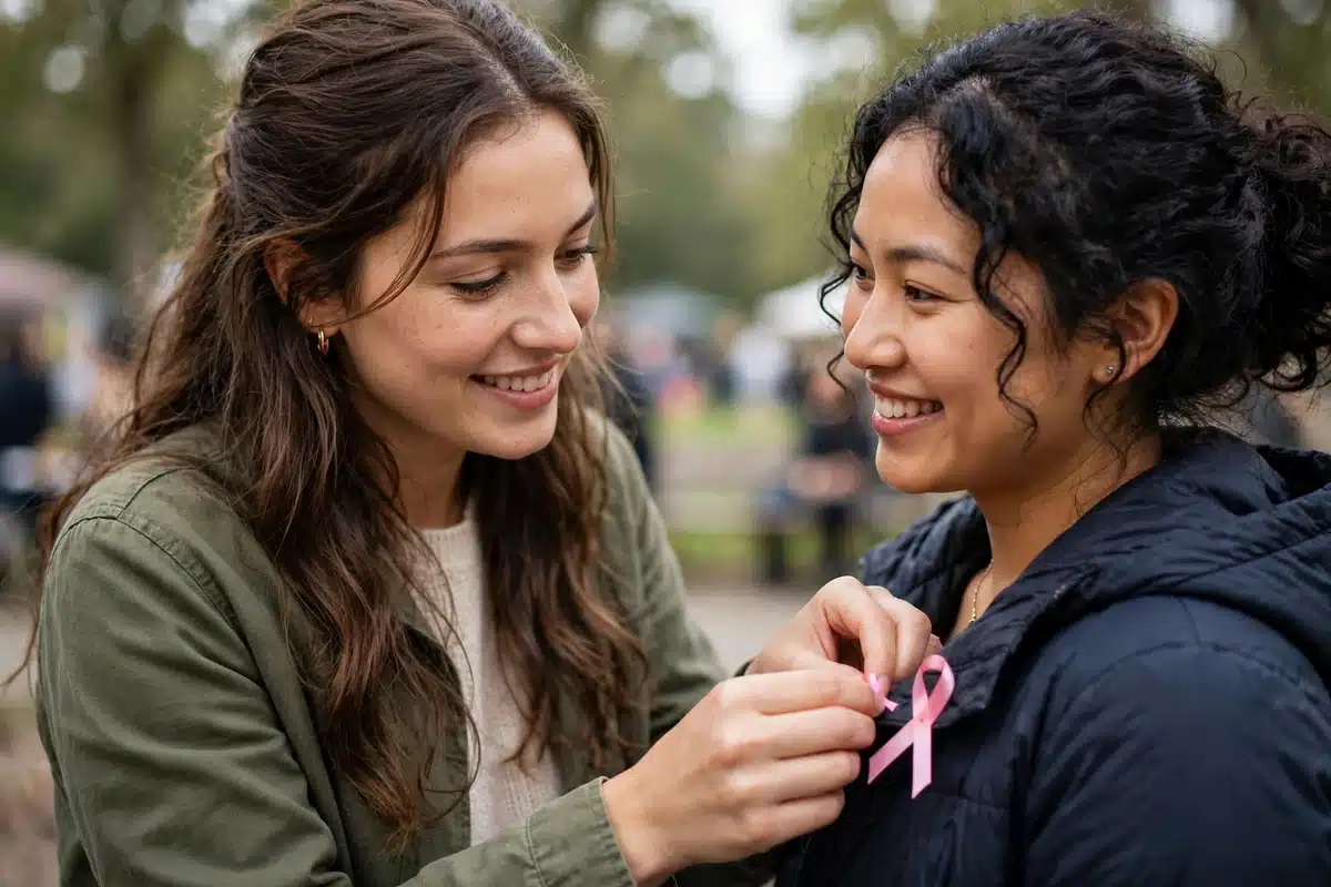 Photo of a woman pinning a small plain pink ribbon onto her friend's jacket at an outdoor community gathering in soft daylight, both women smiling warmly