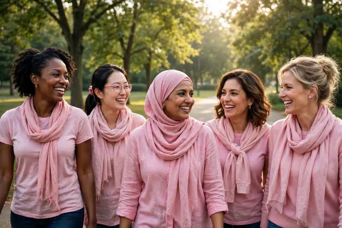 Photo of a diverse group of women walking together in a park in warm morning light wearing soft pink scarves and tops for a community awareness walk, cheerful and companionable