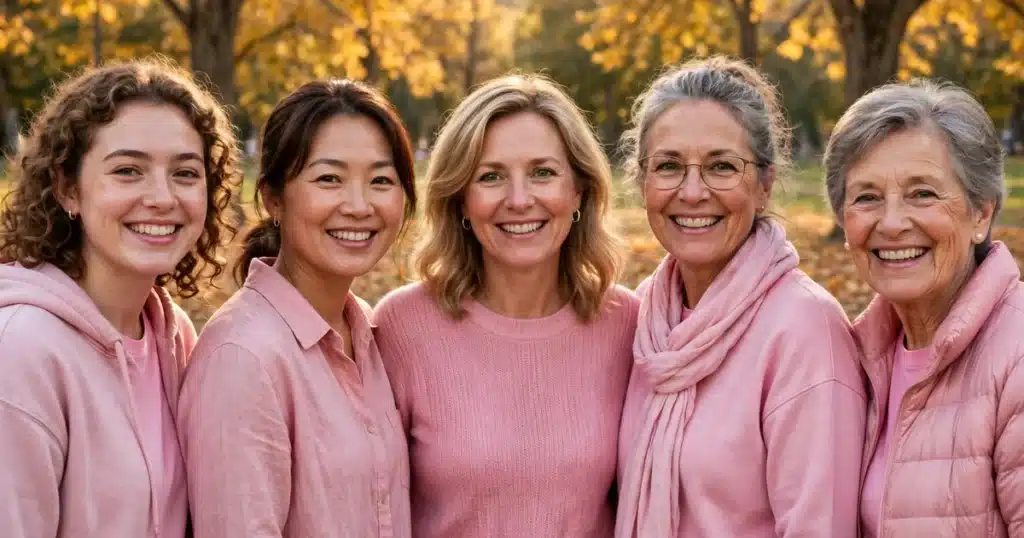 Photo of a group of women of different ages standing together outdoors in warm autumn light wearing soft pink clothing for a breast cancer awareness event, smiling at the camera