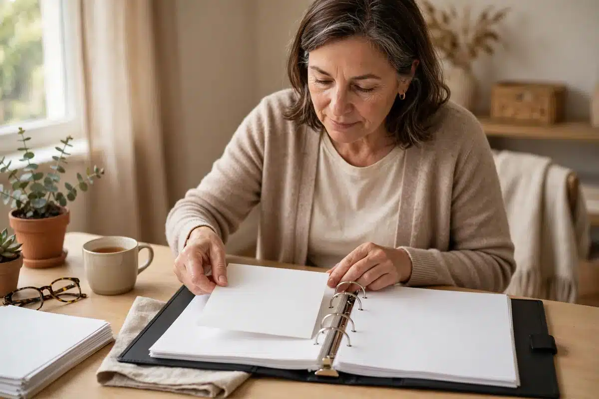 Photo of a woman placing a plain blank letter into an open ring binder on a tidy desk at home in soft daylight