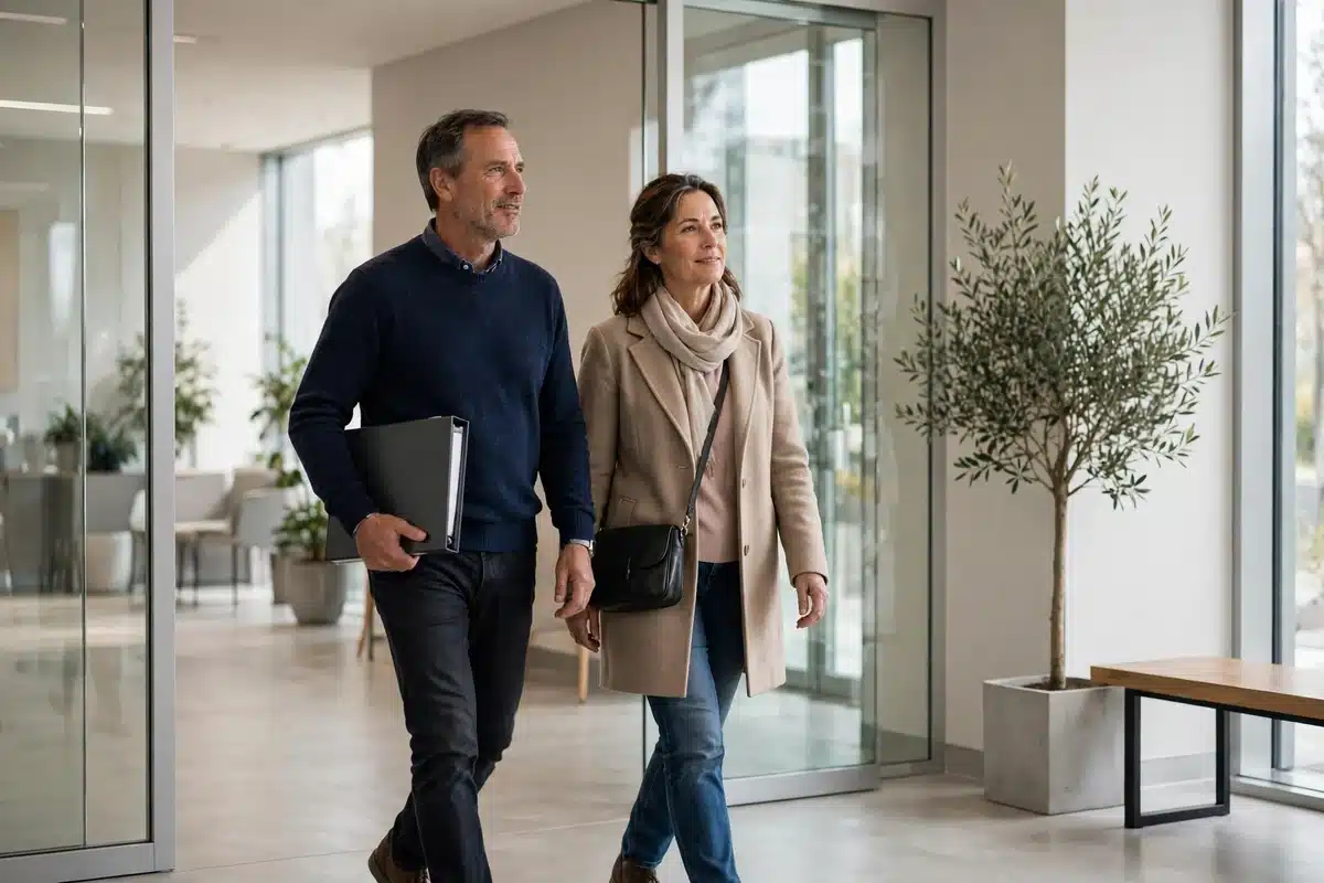 Photo of a man carrying a plain closed binder under his arm as he and his wife walk through the bright entrance hall of a modern clinic