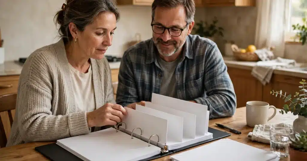 Photo of a woman and her husband sitting together at a kitchen table at home, setting up a plain ring binder for her cancer care paperwork