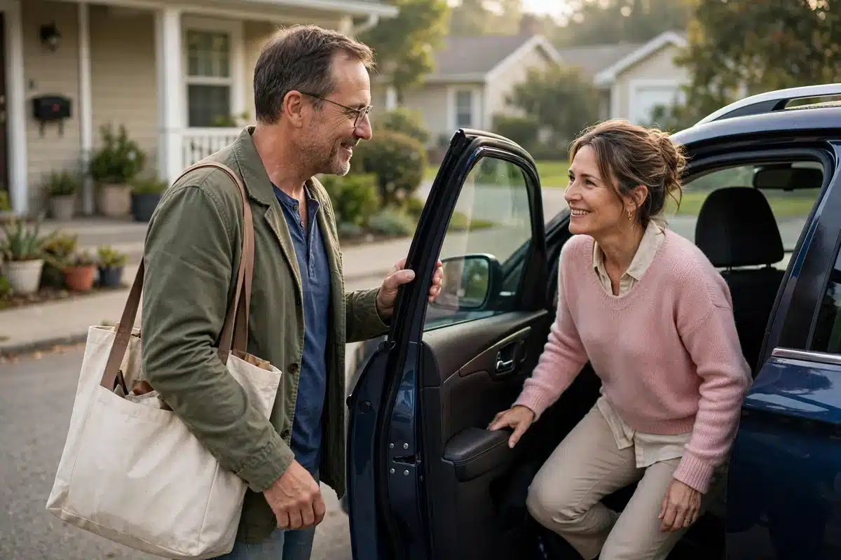 Photo of a husband carrying a canvas tote bag and holding a car door open for his wife outside their home