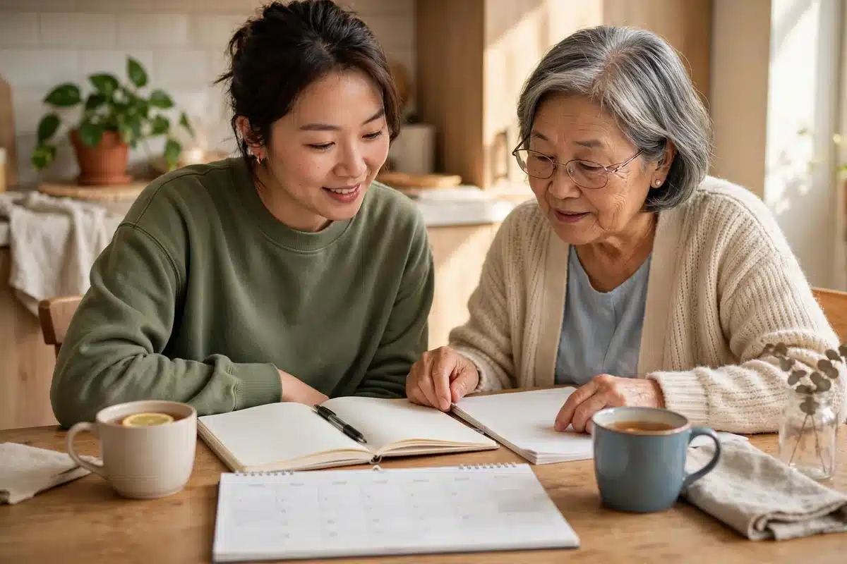 Photo of a daughter helping her mother look over an open notebook and a blank calendar at a kitchen table with cups of tea