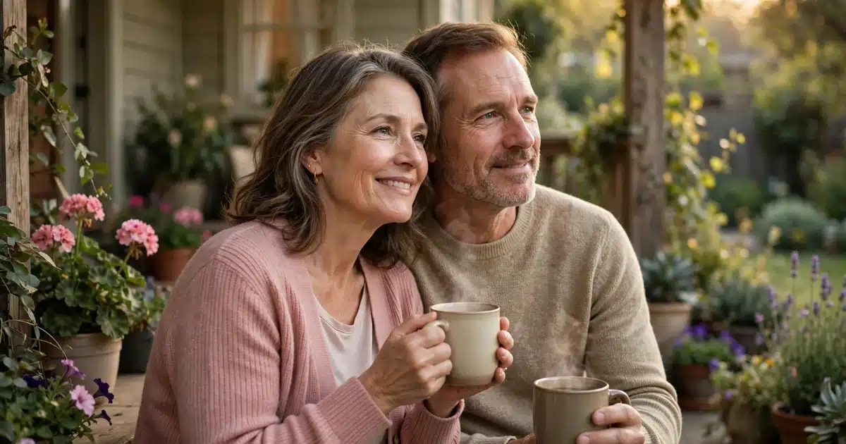 Photo of a husband and wife in their 50s sitting close together on a home porch, each holding a warm mug, in soft afternoon light