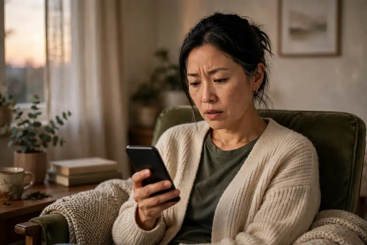 Photo of a woman in her 40s scrolling on her phone at home with a puzzled expression, sitting in an armchair in soft evening light