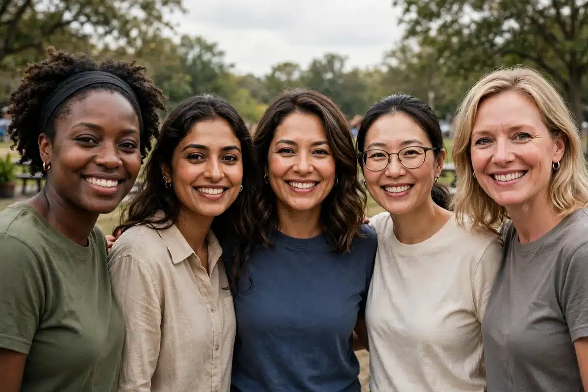 Photo of a diverse group of women standing together outdoors at a community awareness gathering, smiling warmly in soft daylight, plain clothing with no words or symbols