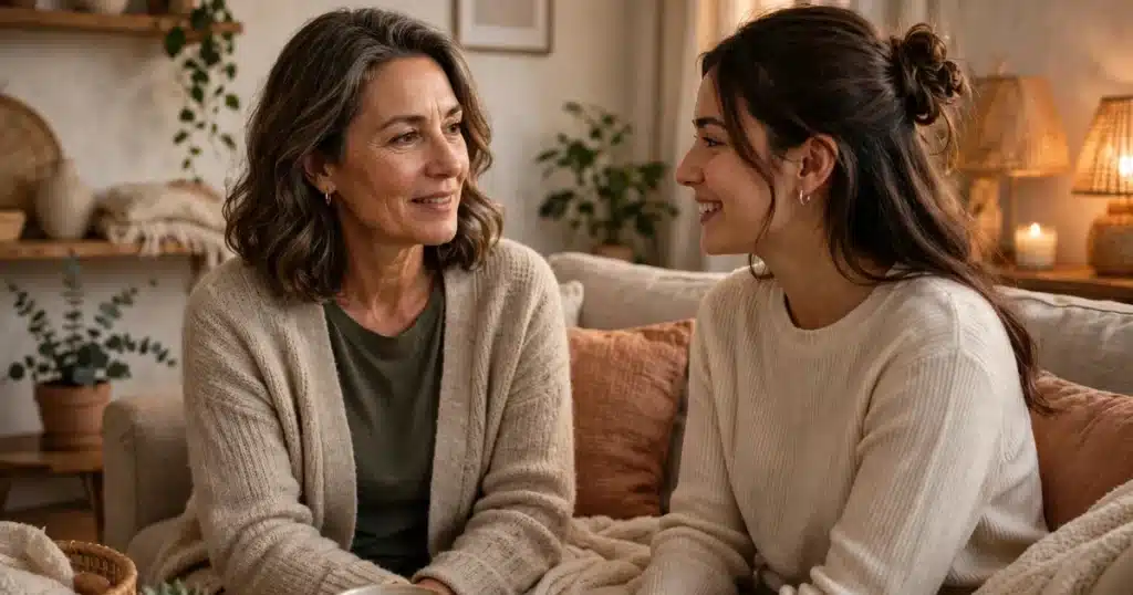 Photo of a woman in her 50s and her adult daughter talking together on a sofa at home in warm light, relaxed and reassured