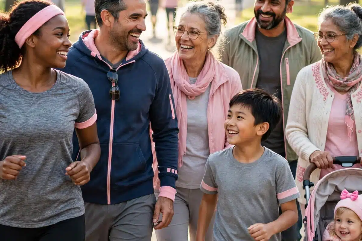 A diverse group of people of different ages running and walking together outdoors at a charity 5K event on a sunny morning