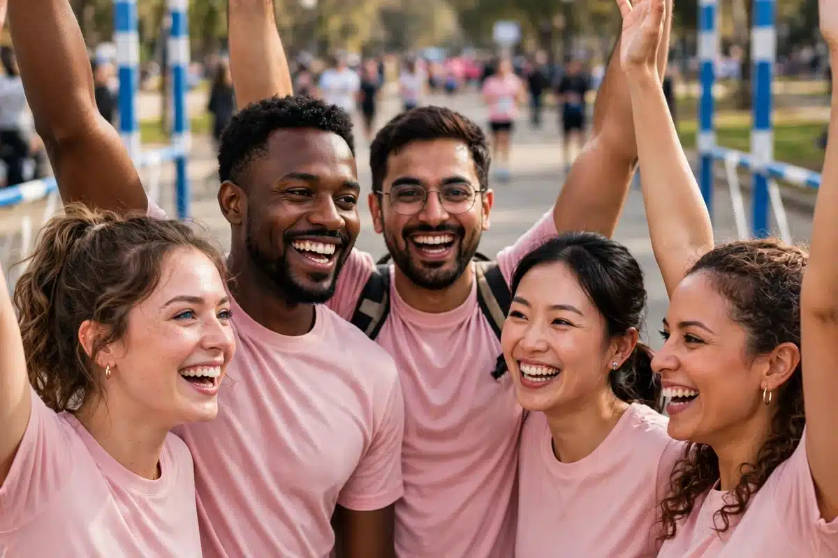 A joyful team of friends in matching soft-pink shirts celebrating together at the finish line of a charity run