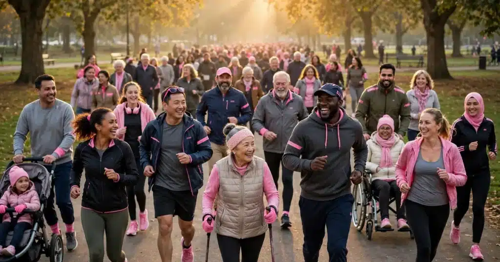 Runners and walkers starting a charity 5K at sunrise in warm golden light