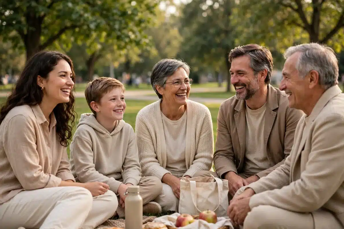 A small community gathering of people of varied ages chatting together outdoors