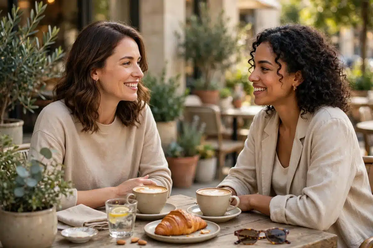 Two women friends talking over coffee at an outdoor café table in warm daylight