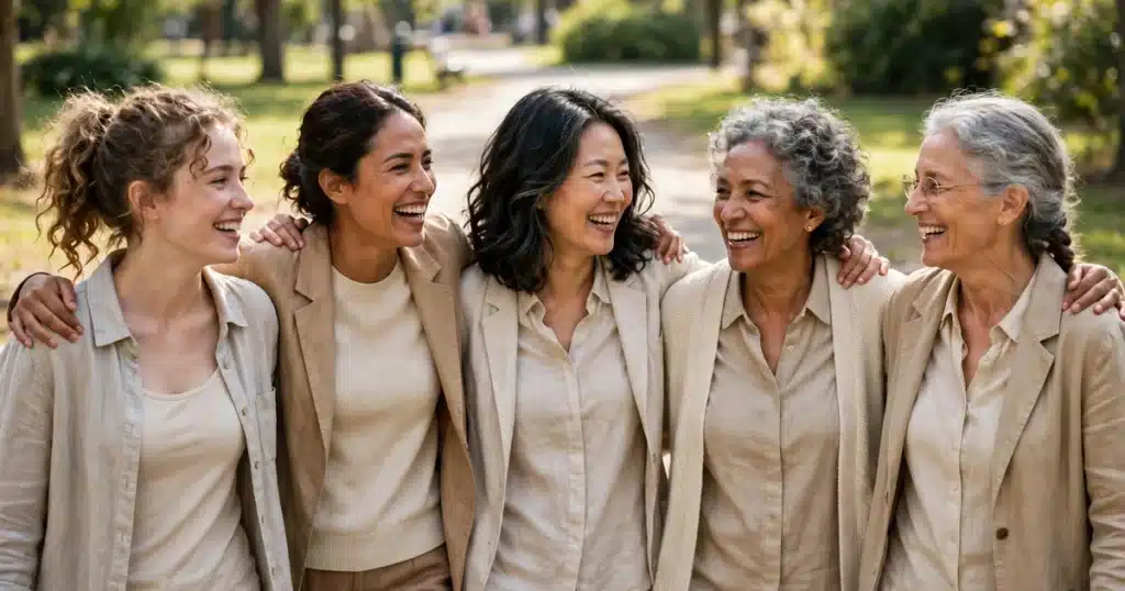 A group of women of varied ages walking together outdoors in a park, arm in arm