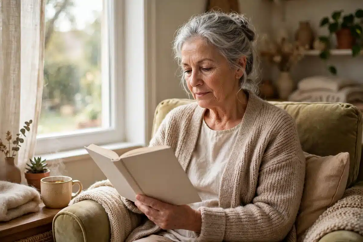 An older woman survivor reading a book with a blank cover in an armchair beside a bright window, no readable text, no logos