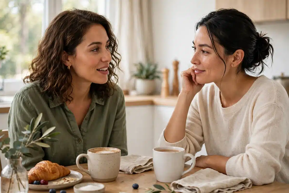 Two women friends talking over coffee at a bright kitchen table in a warm supportive conversation, no readable text, no logos